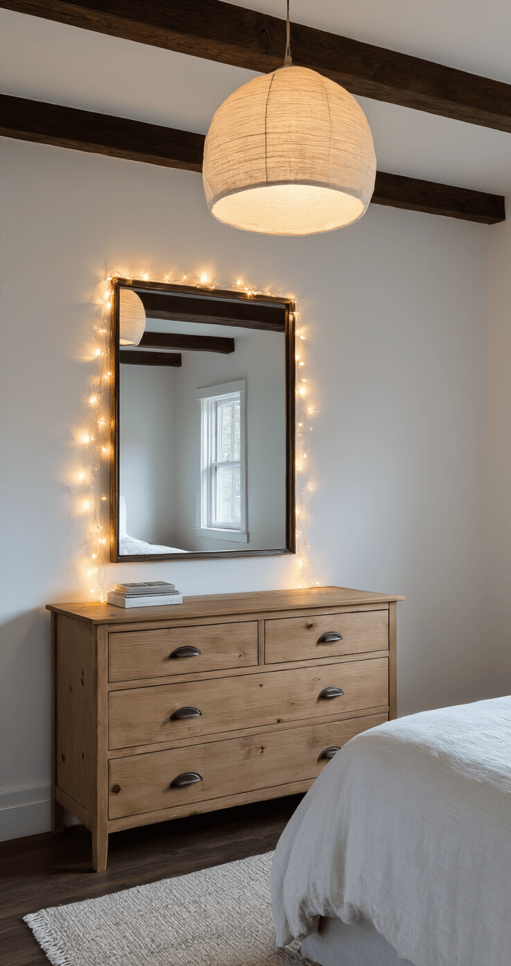 Wide-angle view of a minimalist bedroom featuring a vintage mirror reflecting delicate fairy lights, a simple pine dresser, and dark wood ceiling beams against white walls, illuminated by an oversized linen pendant light, creating a warm and cool lighting contrast in a monochromatic scheme.