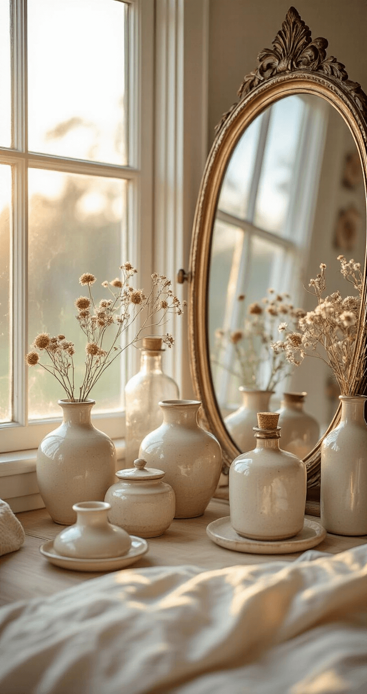 An intimate cottage bedroom vanity featuring an antique brass mirror reflecting soft dawn light, surrounded by handmade ceramic vessels and dried flowers, with vintage glass bottles on the windowsill, captured in macro detail highlighting textures and reflective surfaces. The color palette includes brass, cream, and dusty rose tones.