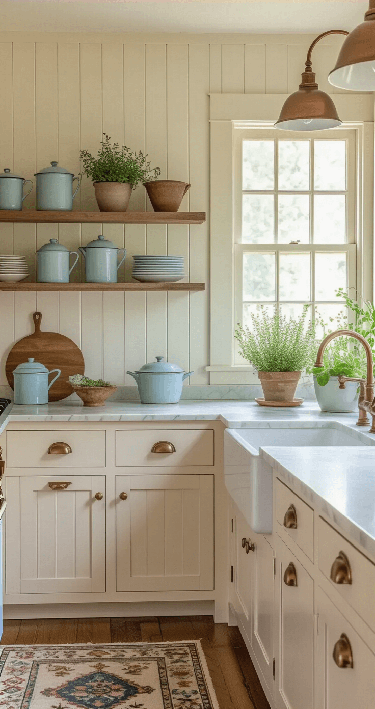 A sunlit cottage kitchen featuring cream-colored beadboard cabinets, white shiplap walls, and a weathered oak open shelf displaying vintage enamelware, with morning light streaming through a garden window filled with potted herbs, a farmhouse sink and copper faucet on marble countertops, and an antique runner on wide plank floors, all captured at eye level during golden hour.