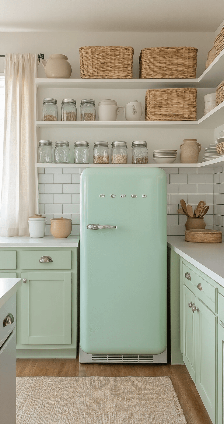 Corner view of a compact kitchen featuring sage green lower cabinets, white upper shelving with organized mason jars, a mint-colored 1950s refrigerator, and rattan baskets for storage, all bathed in morning light filtering through cafe curtains.