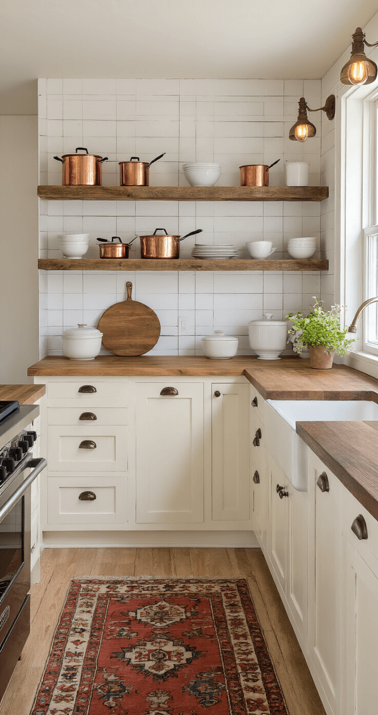 Intimate galley kitchen at dusk with reclaimed barn wood shelves displaying copper cookware and white ironstone, creamy white cabinets with antique brass pulls, a fold-down walnut table, a vintage kilim runner, Edison bulb sconces, and Belgian linen cafe curtains, all captured in a low angle shot that highlights the cozy, romantic atmosphere.