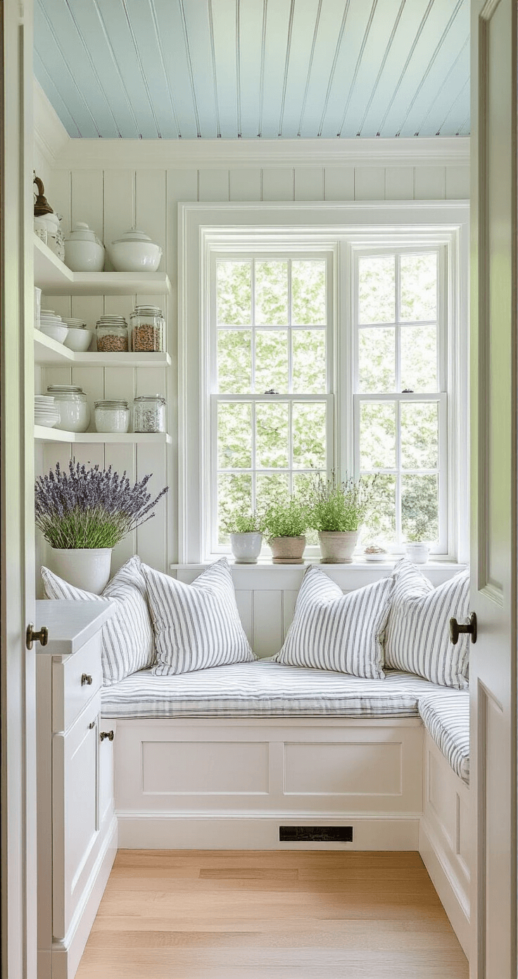 Bright corner kitchen nook featuring a custom-built window seat with storage and striped cushions, open shelving with white pottery, a pale blue beadboard ceiling, and potted lavender and herbs on a sunlit windowsill, captured from the doorway.