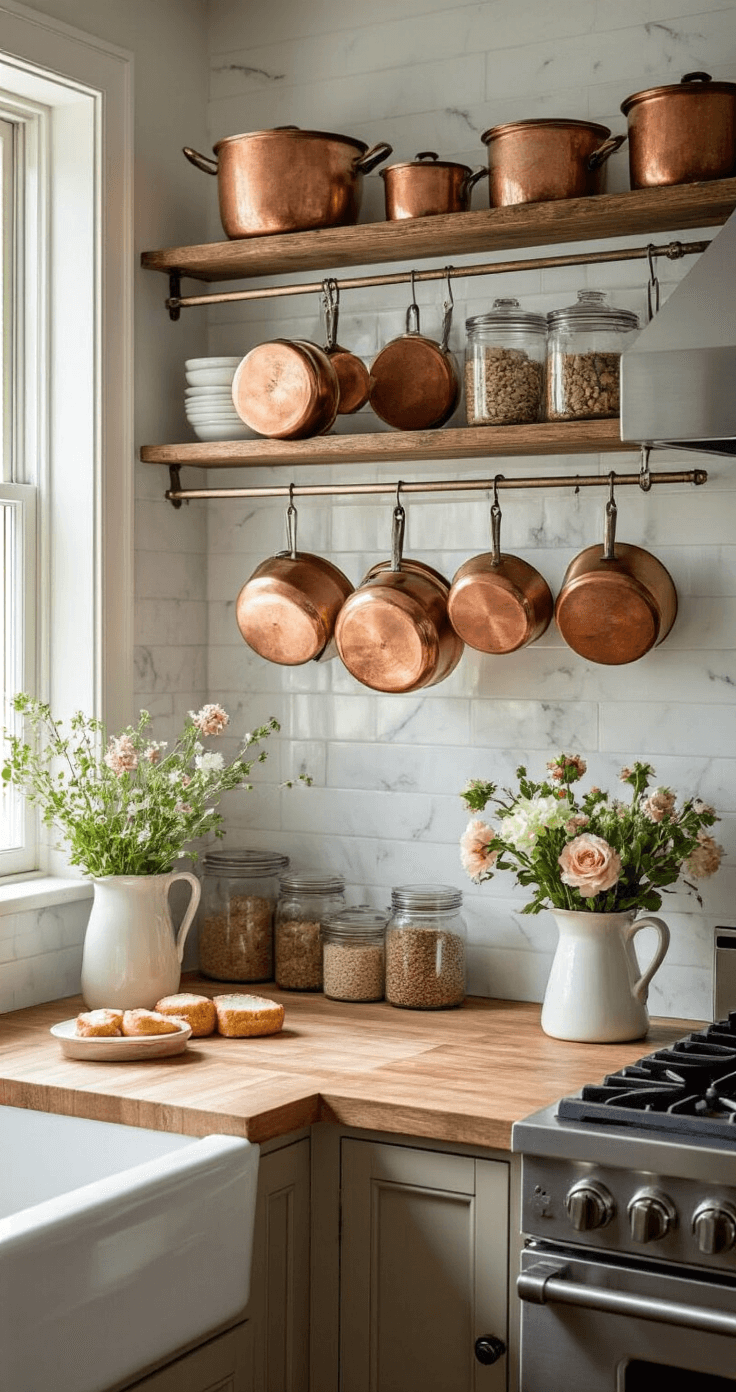 A well-lit kitchen scene at breakfast time, featuring a vintage ladder pot rack with copper and cast iron cookware, a white marble backsplash, open shelving with organized glass pantry containers, fresh flowers in an ironstone pitcher, and a well-used butcher block counter, all highlighting textured layers and patina.