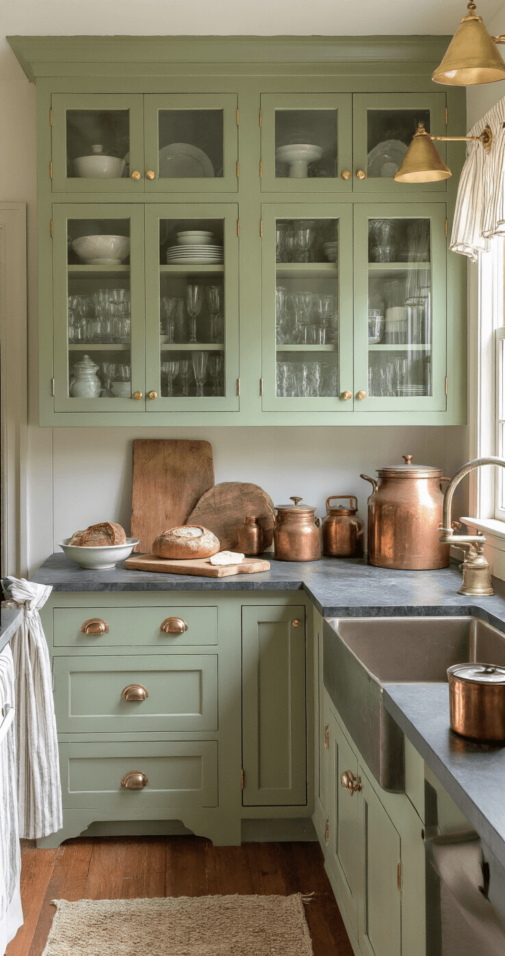 A cozy evening kitchen vignette featuring painted sage cabinets with glass fronts displaying vintage glassware, illuminated by brass library sconces. Soapstone counters with a bread board and ceramic crock, along with cafe curtains in vintage ticking stripe, filter the last light. Worn copper kettles reflect warm lighting, captured from a corner angle to highlight the intimate dimensions of the space.
