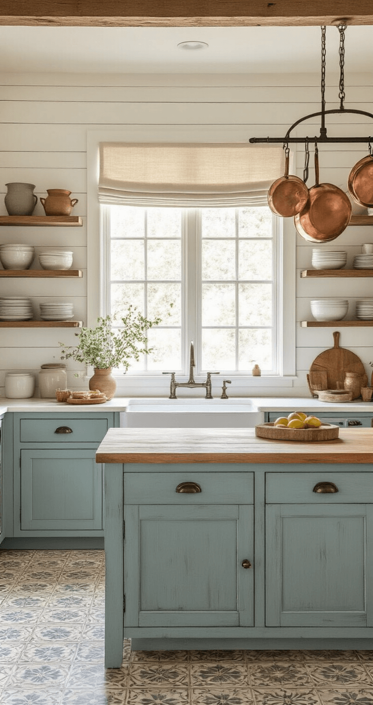 A bright kitchen scene featuring white shiplap walls and vintage-inspired cement tiles, with a distressed duck egg blue freestanding island and open shelving displaying warm neutral earthenware. Copper pots hang from a ceiling-mounted rack, and a linen roman shade softly filters the morning light, emphasizing a clean cottage aesthetic with vintage touches.