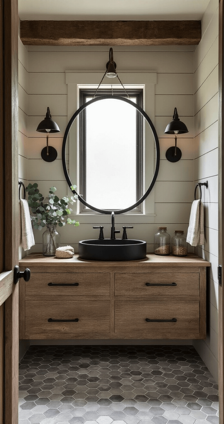 A modern rustic bathroom featuring a black-framed floating vanity with a matte black vessel sink, vintage bronze sconces, and a round mirror, all illuminated by morning light through a frosted window. Shiplap walls, dark wood ceiling beams, and hexagonal floor tiles complement organic decor elements like natural linen towels and dried eucalyptus.