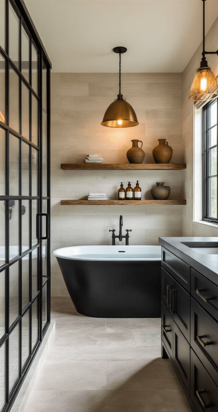 Sophisticated bathroom corner view at golden hour featuring a black steel-framed shower, wood-look porcelain tile wall, freestanding black soaking tub under an aged brass pendant light, reclaimed wood shelves with pottery and amber bottles, and a concrete countertop with an integrated sink on a custom black cabinet.