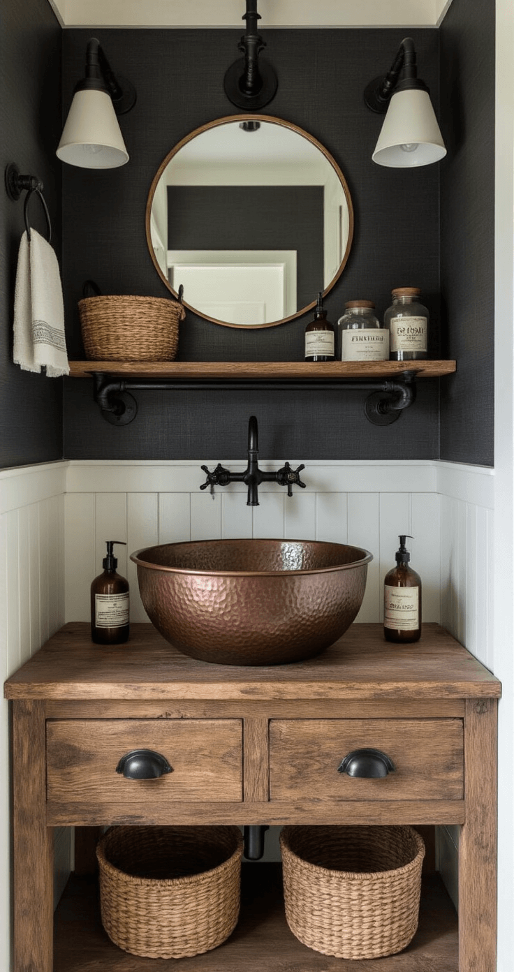 Intimate powder room with rustic wood vanity and hammered copper sink, featuring industrial shelving with baskets and apothecary items, against textured charcoal wallpaper and a brass mirror, bathed in soft afternoon light.