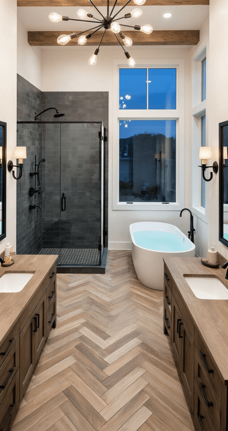Overhead view of a stylish master bathroom featuring a herringbone wood-look tile floor, black steel and glass walk-in shower, distressed oak double vanity with matte black faucets, industrial sconces, exposed wooden ceiling beams, modern sputnik chandelier, and a white freestanding tub beneath a large window, all captured at dusk.