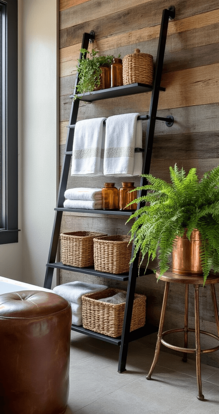 Detail shot of a bathroom storage area featuring a black steel ladder shelf adorned with Turkish towels and woven baskets, against a reclaimed barn wood wall. A vintage leather stool is paired with a copper plant stand holding cascading ferns, all highlighted by soft morning light and macro lens focus on textures.