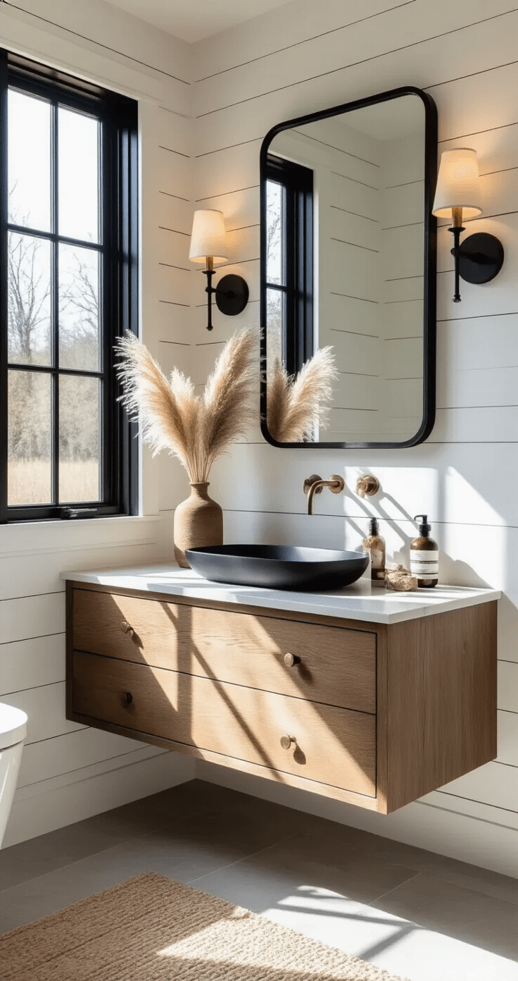 Twilight bathroom with black-framed window casting shadows on white shiplap walls, featuring a floating wood vanity illuminated by aged brass sconces, a black-rimmed mirror reflecting warm light, matte black fixtures, natural stone countertop, styled with dried pampas grass and vintage brass accessories.
