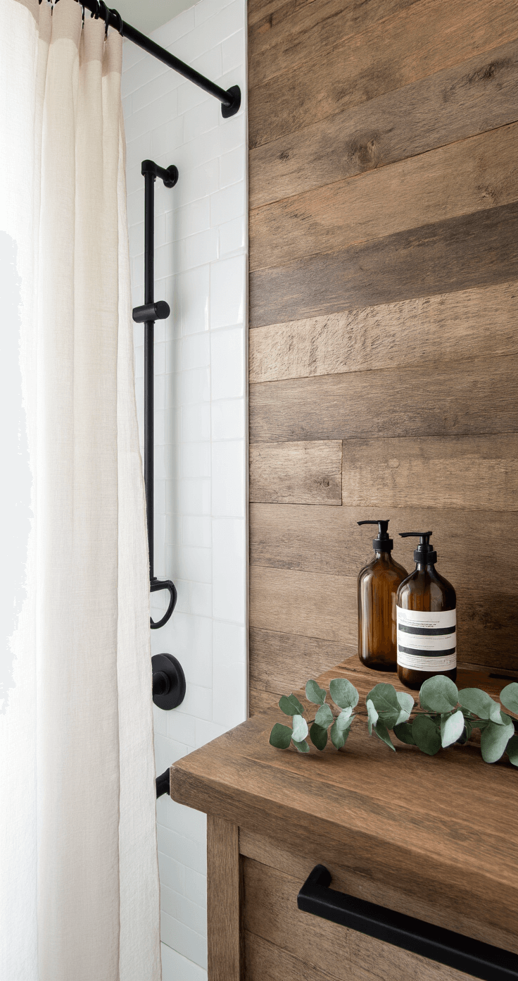 Close-up of a black steel shower frame meeting a reclaimed wood tile accent wall, featuring matte black fixtures and a rich wooden vanity top, with a textured linen shower curtain, vintage amber bottles, and a eucalyptus bundle, all captured in soft morning light.