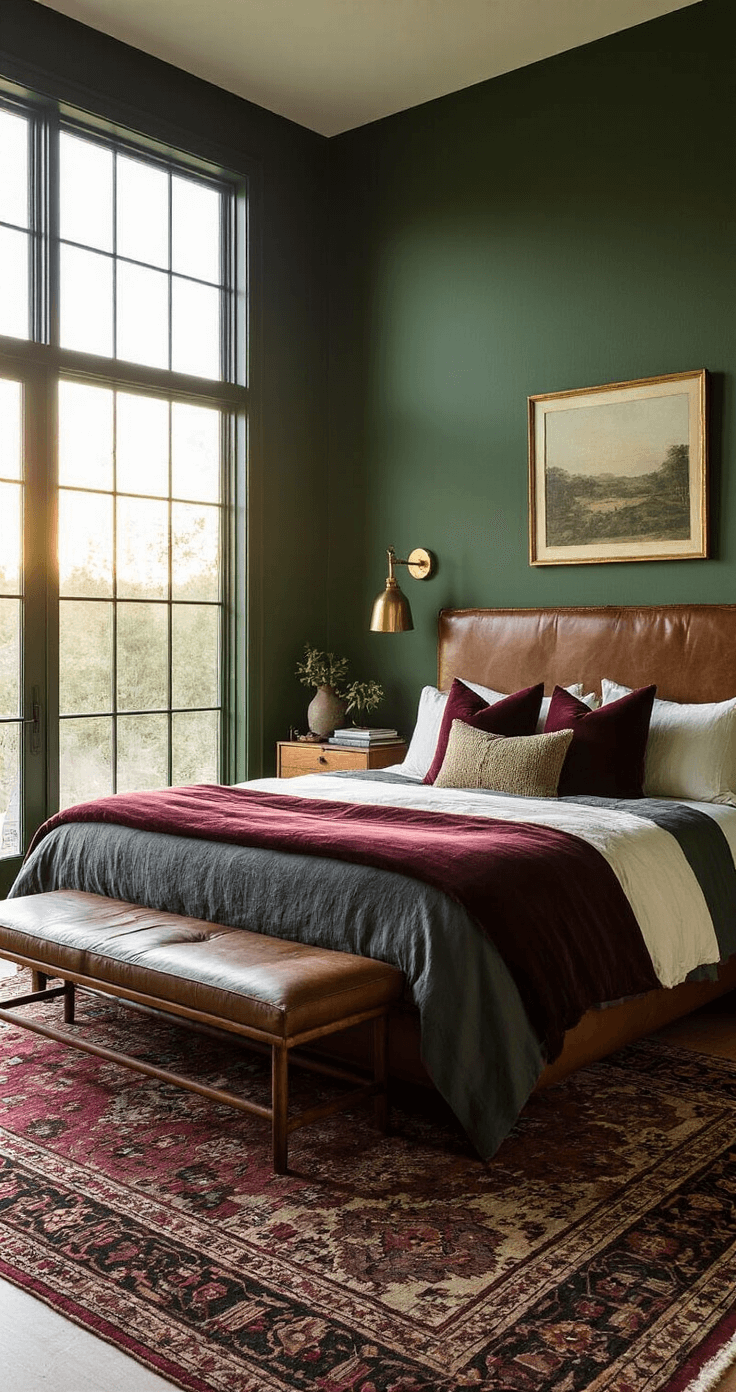 A cozy master suite featuring deep forest green walls, a king-sized bed with charcoal linen and velvet throws, vintage brass sconces, mid-century walnut nightstands with ceramic vessels, and a jewel-toned Persian rug, all illuminated by golden hour light streaming through large windows.