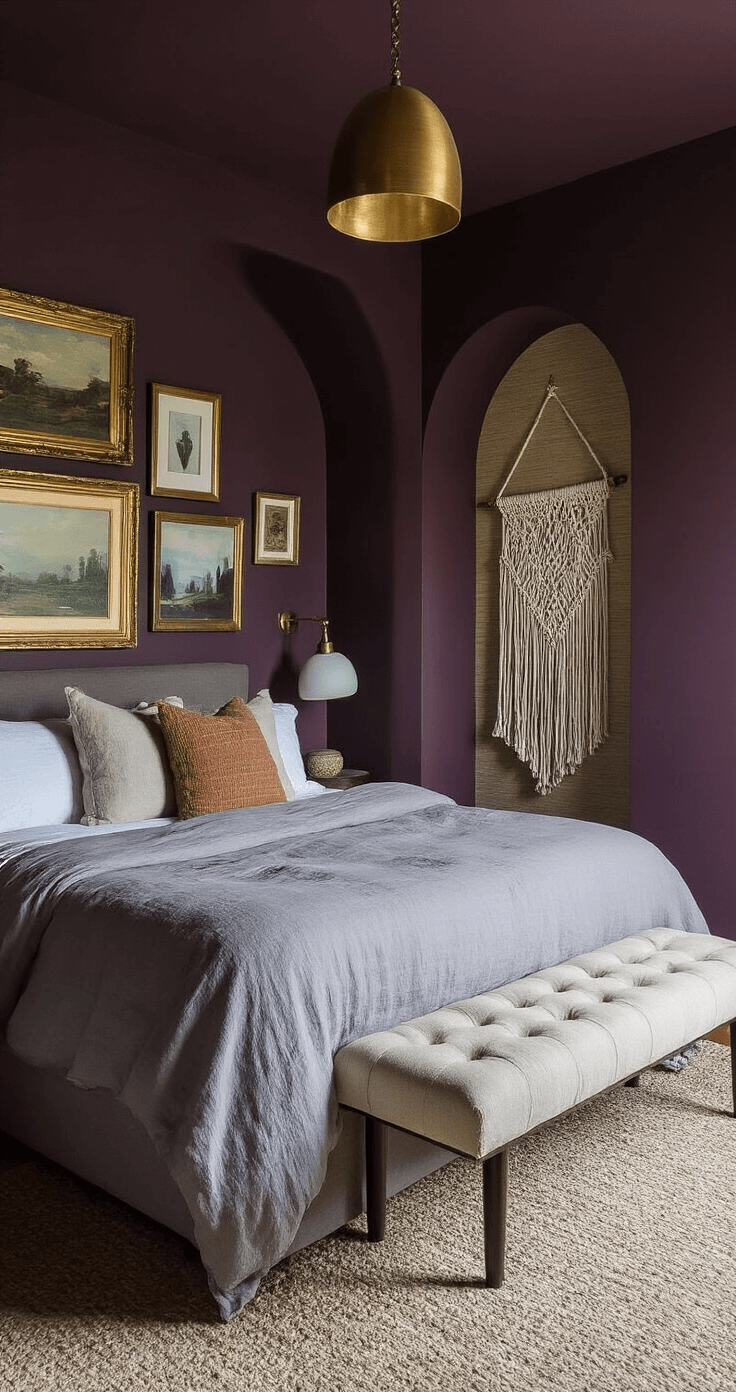 Intimate bedroom nook captured during blue hour, featuring moody aubergine walls, a queen bed with dove gray linen, a cream bouclé bench, a macramé wall hanging, a warm-glowing ceramic table lamp, and dramatic shadows from a brass ceiling pendant on textured grasscloth wallpaper.
