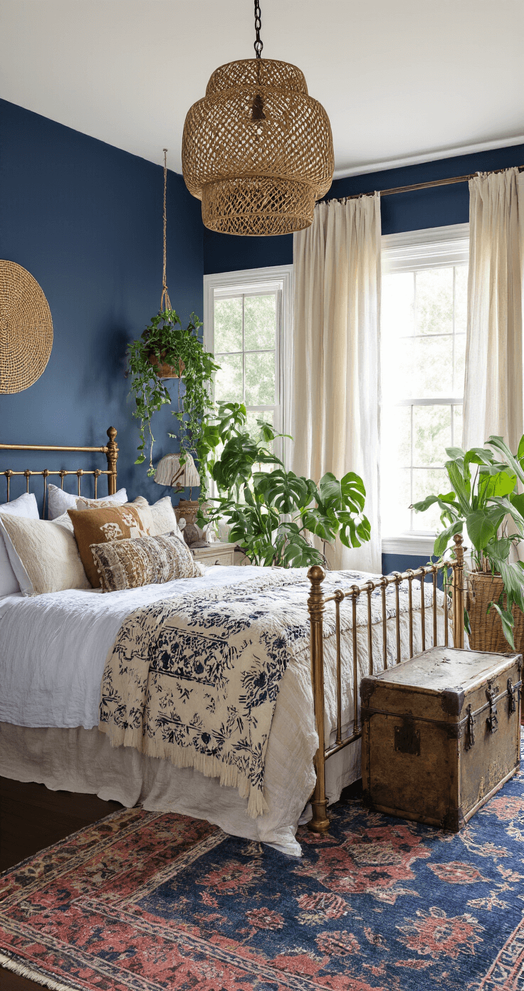 A bohemian bedroom with navy blue walls featuring a vintage brass bed adorned with mudcloth pillows, block-printed quilts, and a chunky knit throw. Natural light streams through sheer linen curtains, illuminating potted monstera and trailing ivy. A faded Moroccan rug rests on dark hardwood floors, and a rattan pendant casts intricate shadows above. A vintage trunk serves as a nightstand, enhancing the room's textured and historical feel.