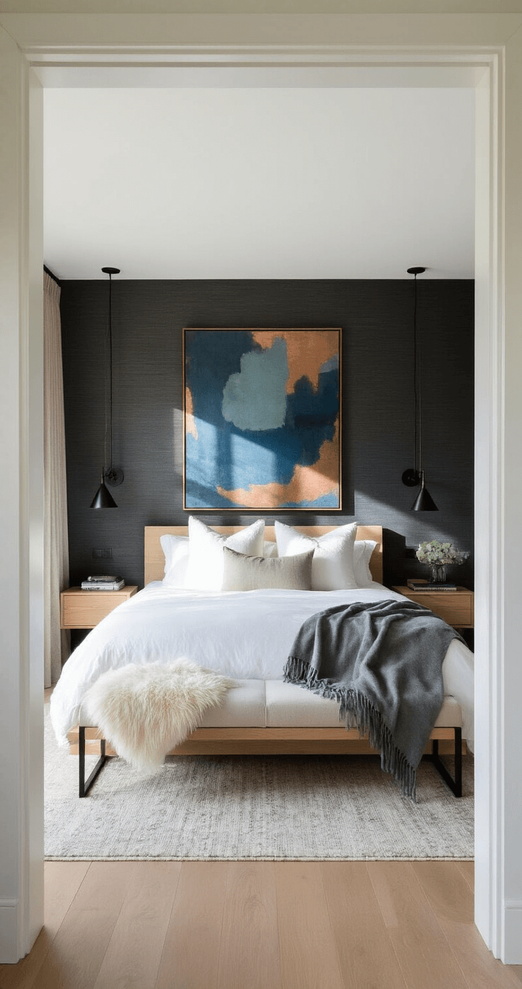 A sophisticated primary bedroom featuring charcoal grasscloth walls, a bleached oak platform bed with white linens and gray cashmere throws, minimalist black metal sconces, large-scale abstract art in blue and copper, a Mongolian wool bench, and silk curtains, all captured in warm afternoon light.