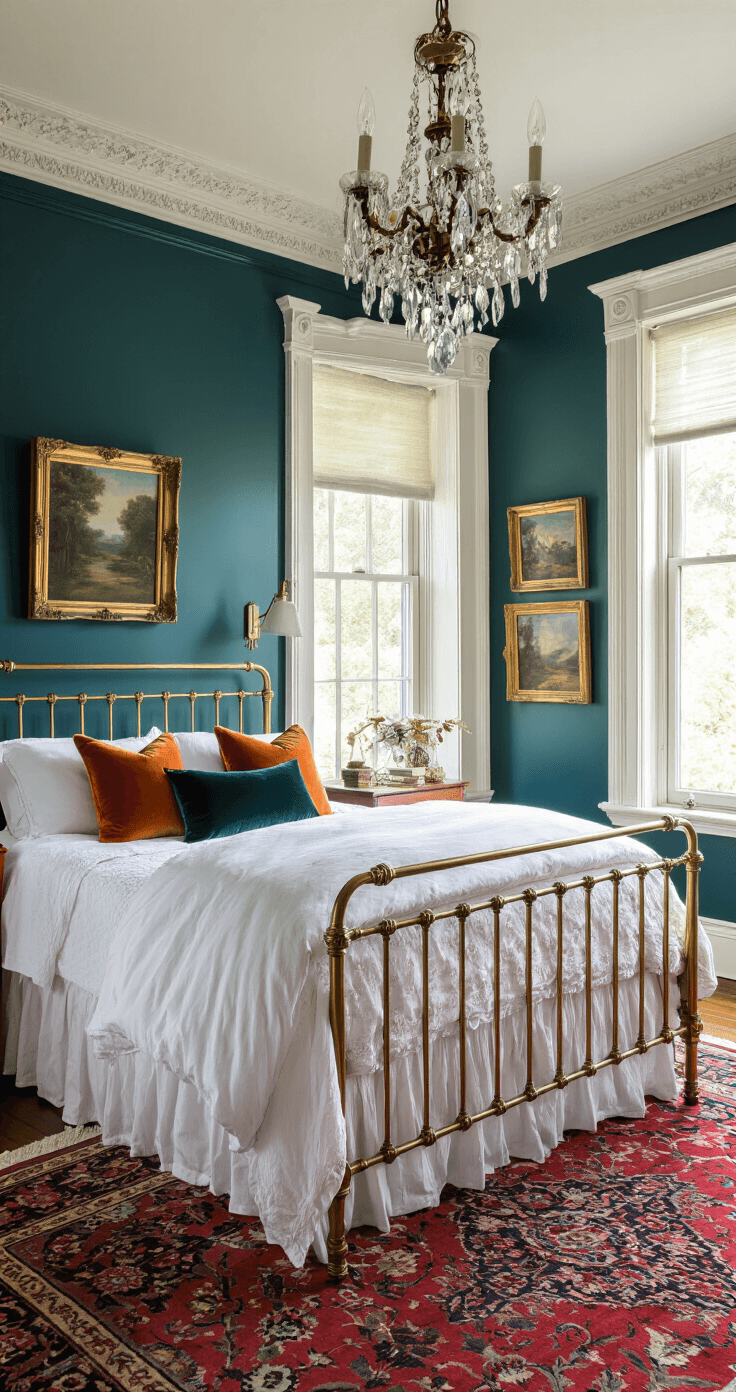Victorian-inspired bedroom featuring dark teal walls, original crown molding, an antique brass bed with vintage florals and velvet pillows, a crystal chandelier, and an oriental rug, illuminated by early morning light.