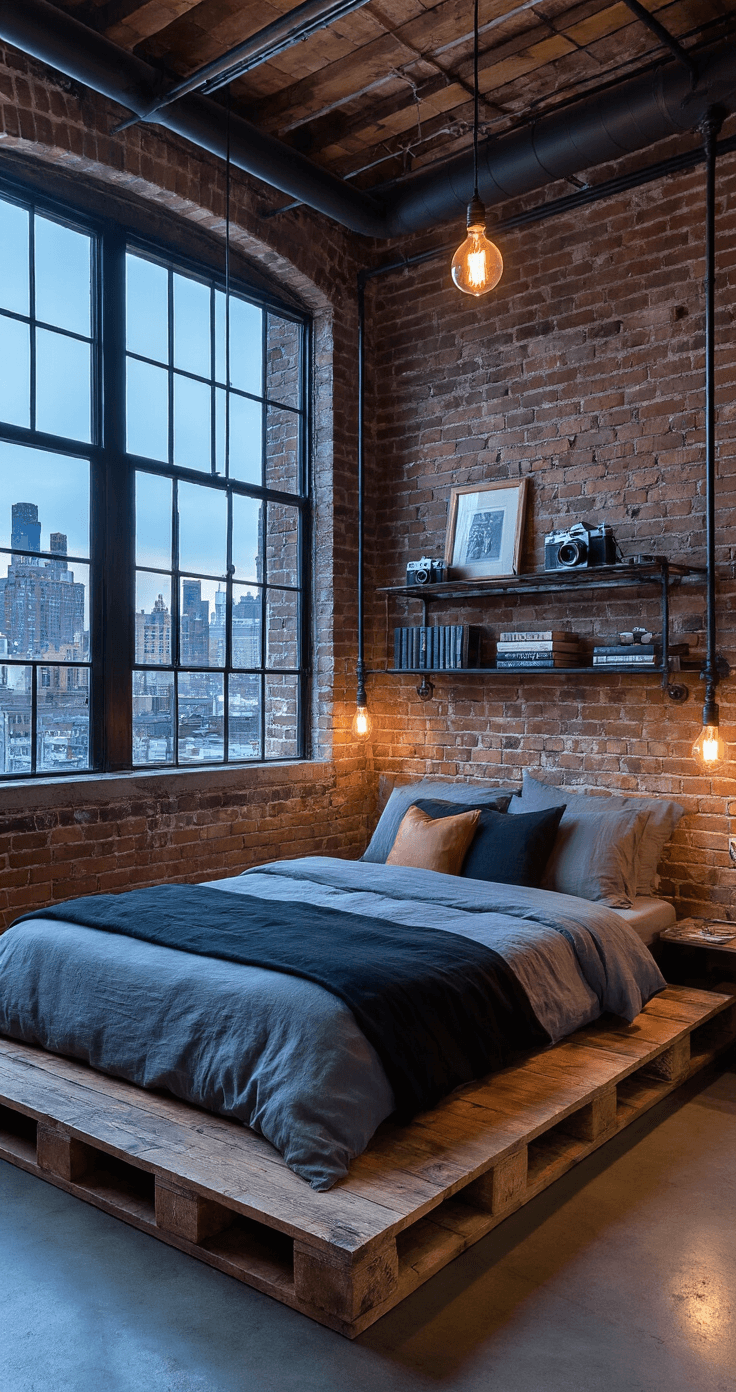 Twilight blue hour shot of an industrial elegance loft bedroom featuring exposed brick walls, an iron-framed window, a reclaimed wood platform bed with gray linen and leather accents, and industrial pipe shelving with vintage cameras and art books, all illuminated by an Edison bulb pendant.