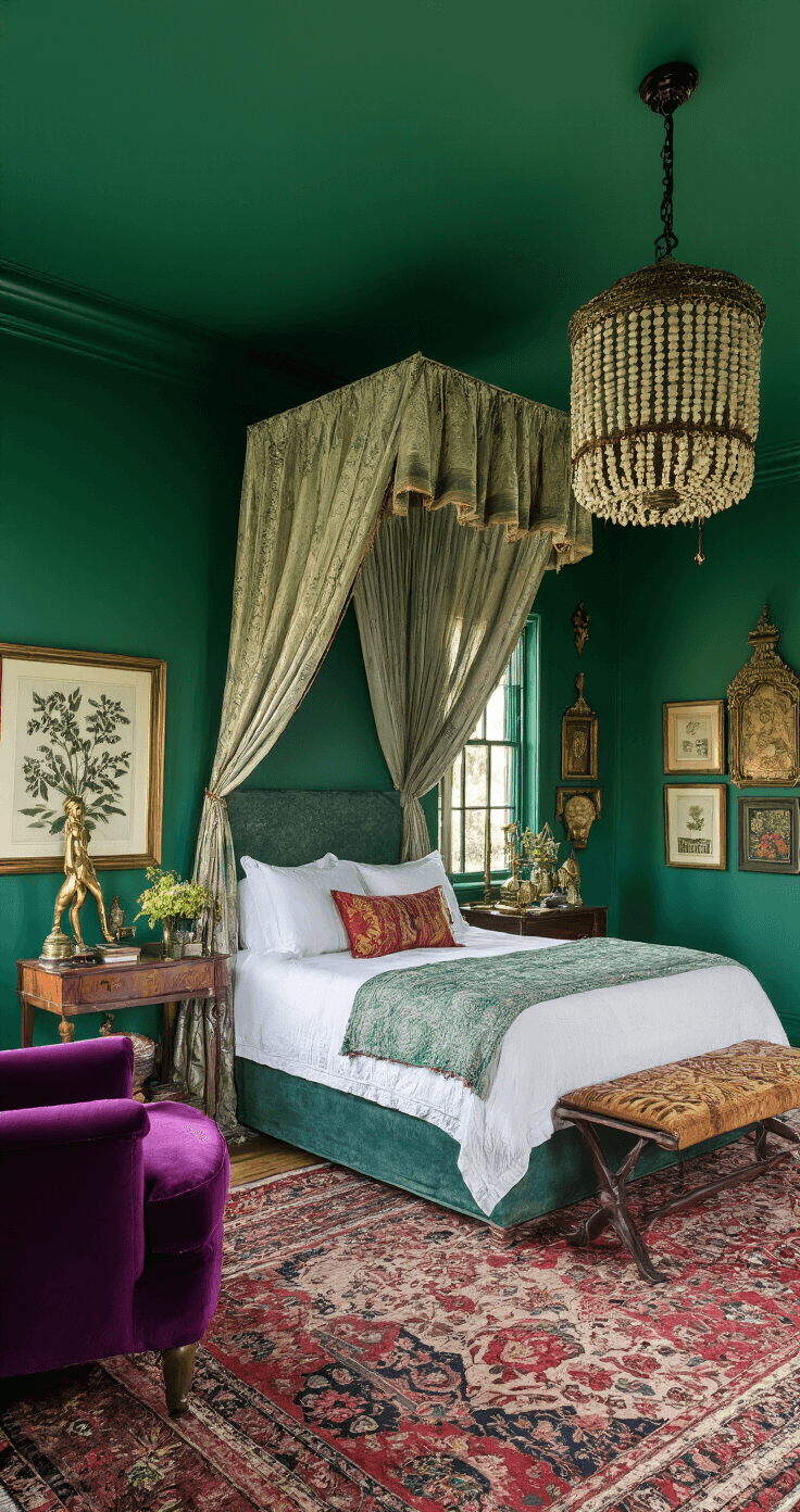 A dramatic bedroom with emerald green walls features a canopy bed draped in vintage silk sari fabrics, layered jewel-toned rugs, and a low angle view of collected global artifacts, brass sculptures, botanical prints, and a beaded chandelier casting patterned light. A deep purple velvet armchair adds textile interest.