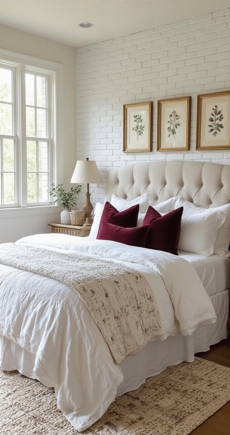 A cozy bedroom with a whitewashed brick accent wall, mullioned windows allowing mid-morning light, a mushroom-toned upholstered headboard, layers of white linen and hand-embroidered quilts, burgundy velvet pillows, and organic textures from wicker baskets and raw wood elements.