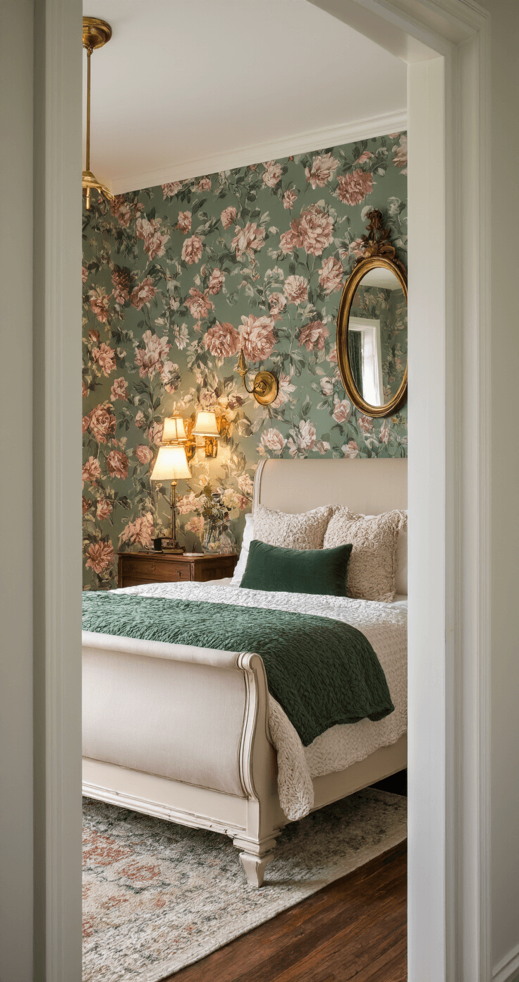 A cozy primary bedroom at dusk, featuring sage and dusty rose floral wallpaper, a cream sleigh bed adorned with vintage quilts and chunky knit throws in forest green and oat, warm light from brass sconces, and a reflection in an antique oval mirror.