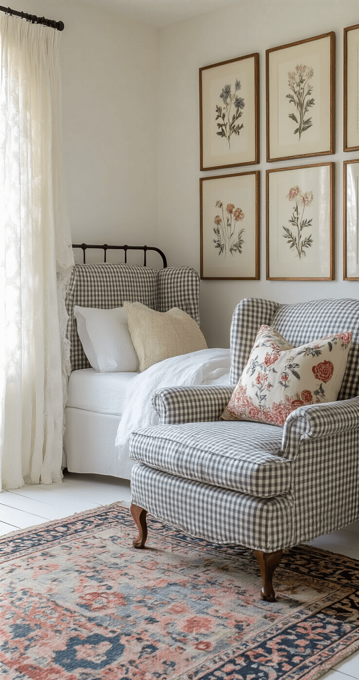 A cozy bedroom bathed in soft morning light, featuring a gingham wingback chair under a gallery wall of botanical illustrations, white floorboards, and a vintage kilim rug, with an iron bed adorned with an array of textured pillows.