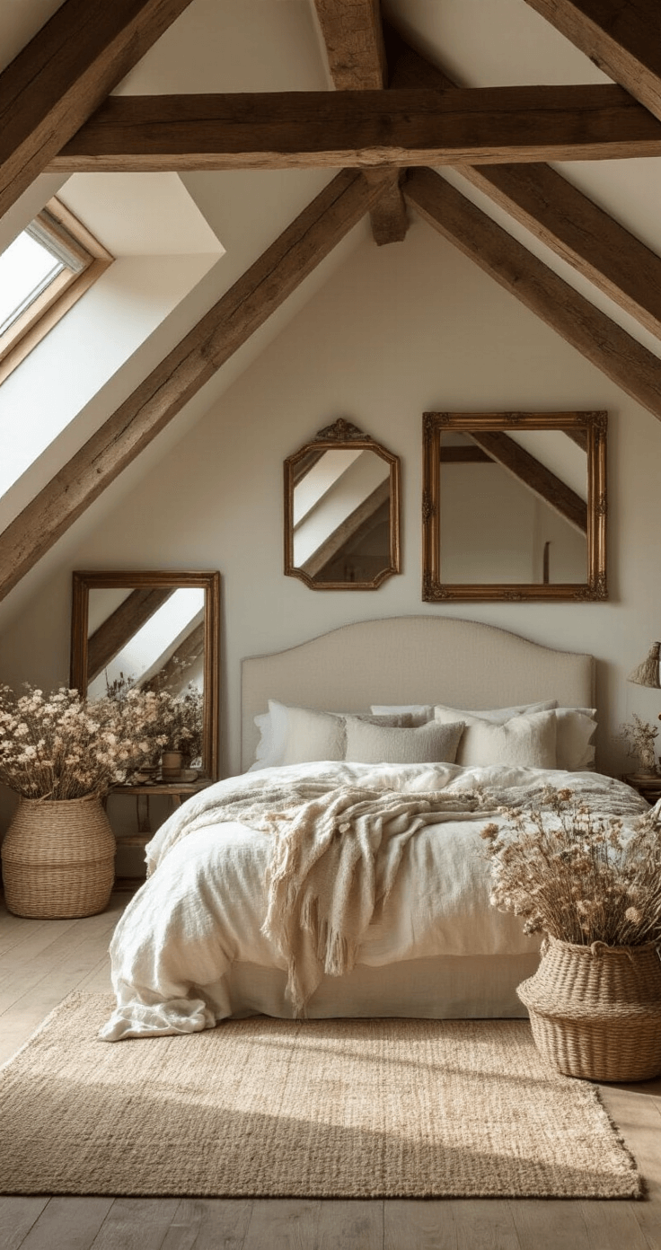 Corner view of a cozy attic bedroom featuring exposed wooden beams, vintage mirrors casting dramatic shadows in late afternoon light, a plush cream headboard with layered textiles in oat and sage hues, and woven baskets filled with dried flowers, all captured in a wide-angle perspective.