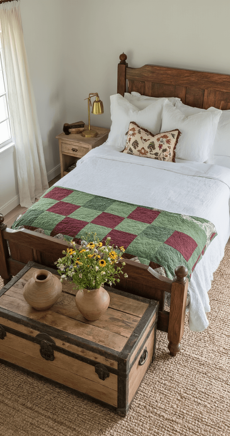 Bird's eye view of a cozy cottage bedroom featuring a wooden bed with white linens and a vintage green and burgundy quilt. A weathered trunk serves as a bedside table with a brass lamp and a pottery vase of wildflowers, all illuminated by diffused natural light through sheer curtains.