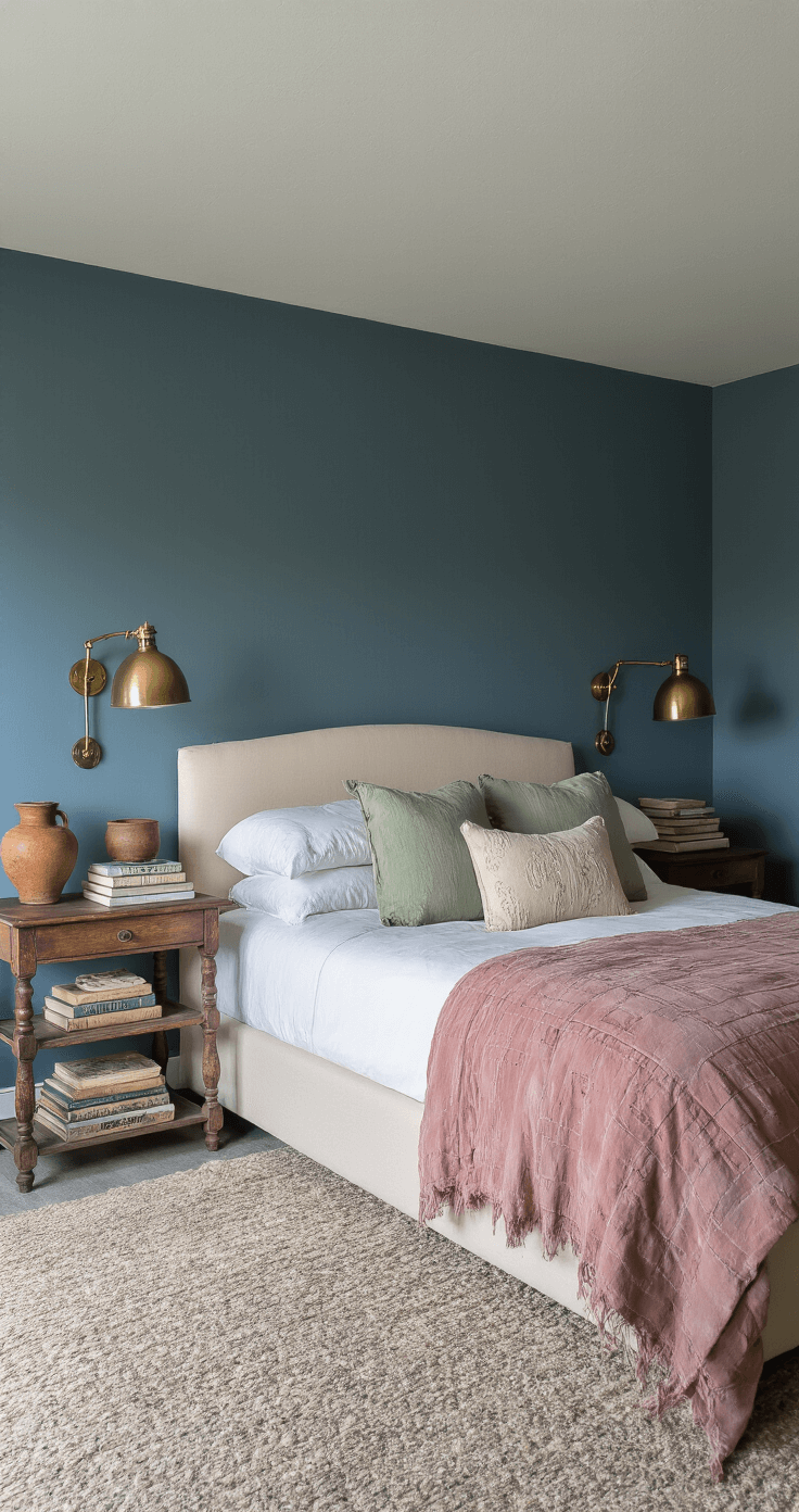 Ground-level view of a twilight bedroom featuring moody blue walls and a cream upholstered bed, surrounded by vintage textiles in dusty rose and sage, illuminated by warm antique brass lamps, with a focus on textures.