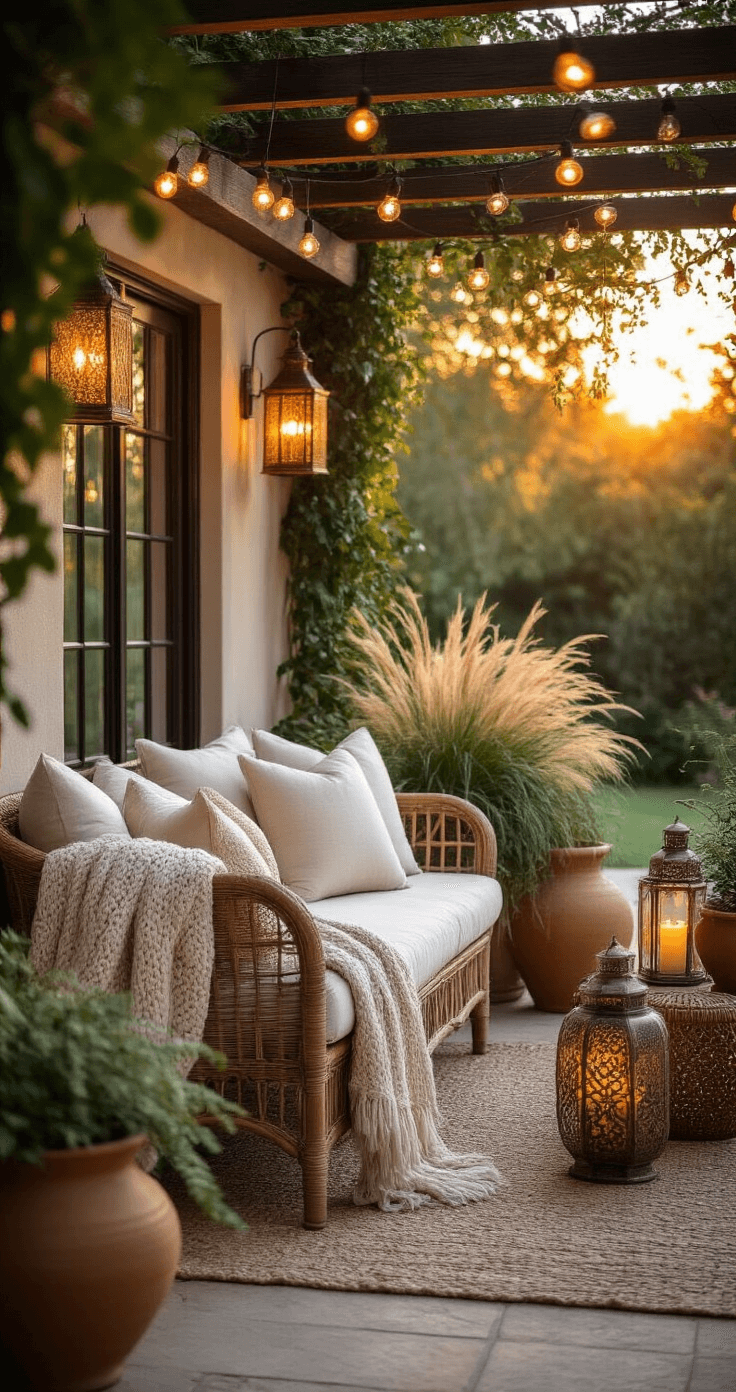 A cozy patio at golden hour, featuring warm sunset light through pergola beams, illuminated string lights overhead, a rattan loveseat with ivory cushions and chunky knit throws, copper lanterns with flickering candles, terracotta planters with greenery, and vintage Moroccan side tables, all captured from a corner angle with a soft focus on textures and lighting.