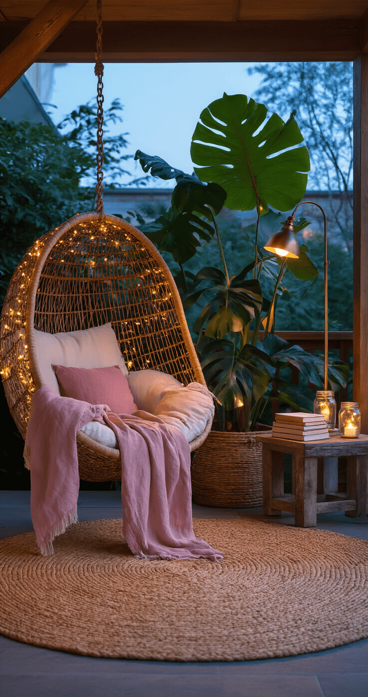 An intimate reading nook on a patio during blue hour features an oversized woven egg chair draped with dusty rose linen throws. A handwoven jute rug lies beneath, while mason jars with fairy lights provide gentle illumination. A large monstera plant casts dramatic shadows, and a vintage brass floor lamp adds warmth. A weathered wood side table holds stacked books, all captured at eye level with a shallow depth of field.