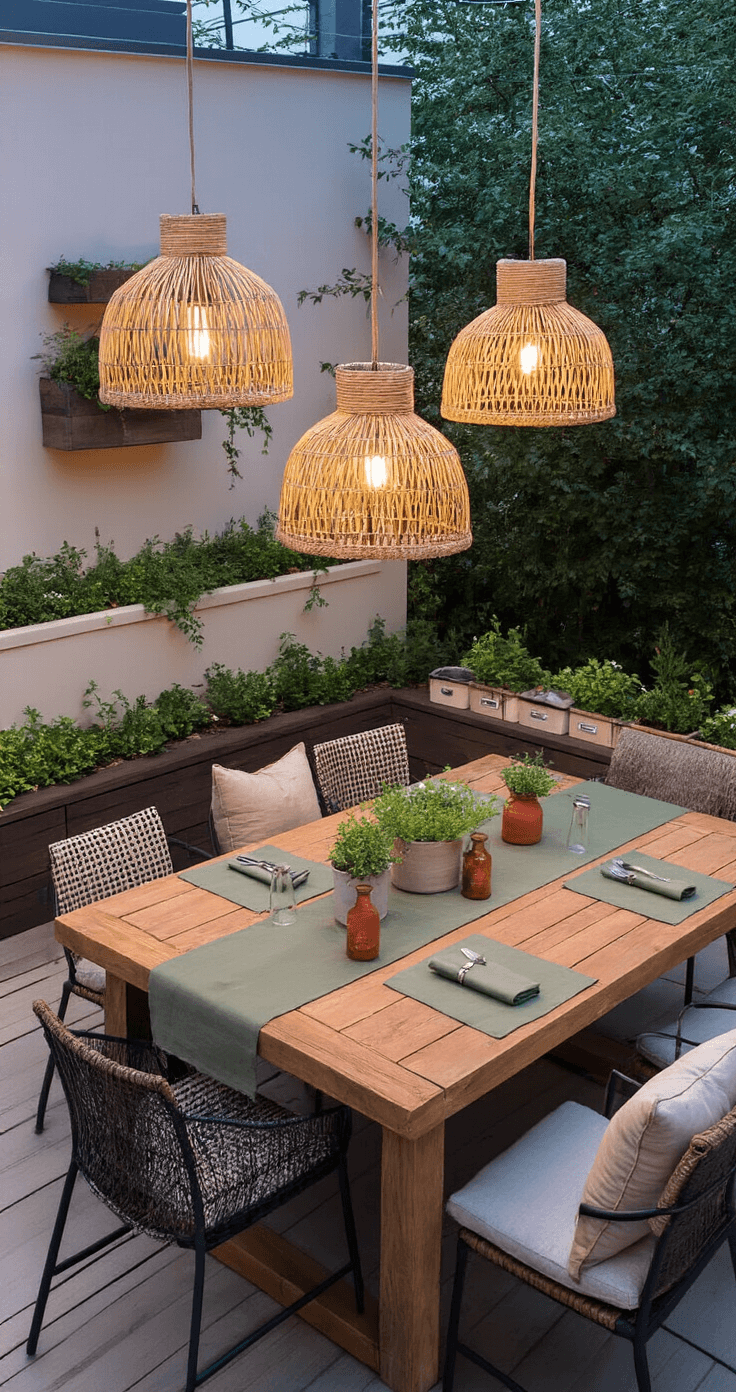 A modern patio dining area at dusk featuring a reclaimed teak table with sage and terra cotta linen runners, six mixed material chairs, hanging rattan pendant lights, potted herbs in a planter box, and vintage apothecary bottles with single stems, all illuminated by natural and warm artificial light.