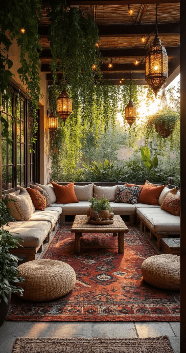 Bohemian lounge area on a 10x12ft patio at sunset, featuring natural canvas modular seating, vintage Kilim rugs, brass hanging planters with trailing vines, Moroccan lanterns casting shadows, and casual rattan poufs and floor cushions, all illuminated by warm string lights.