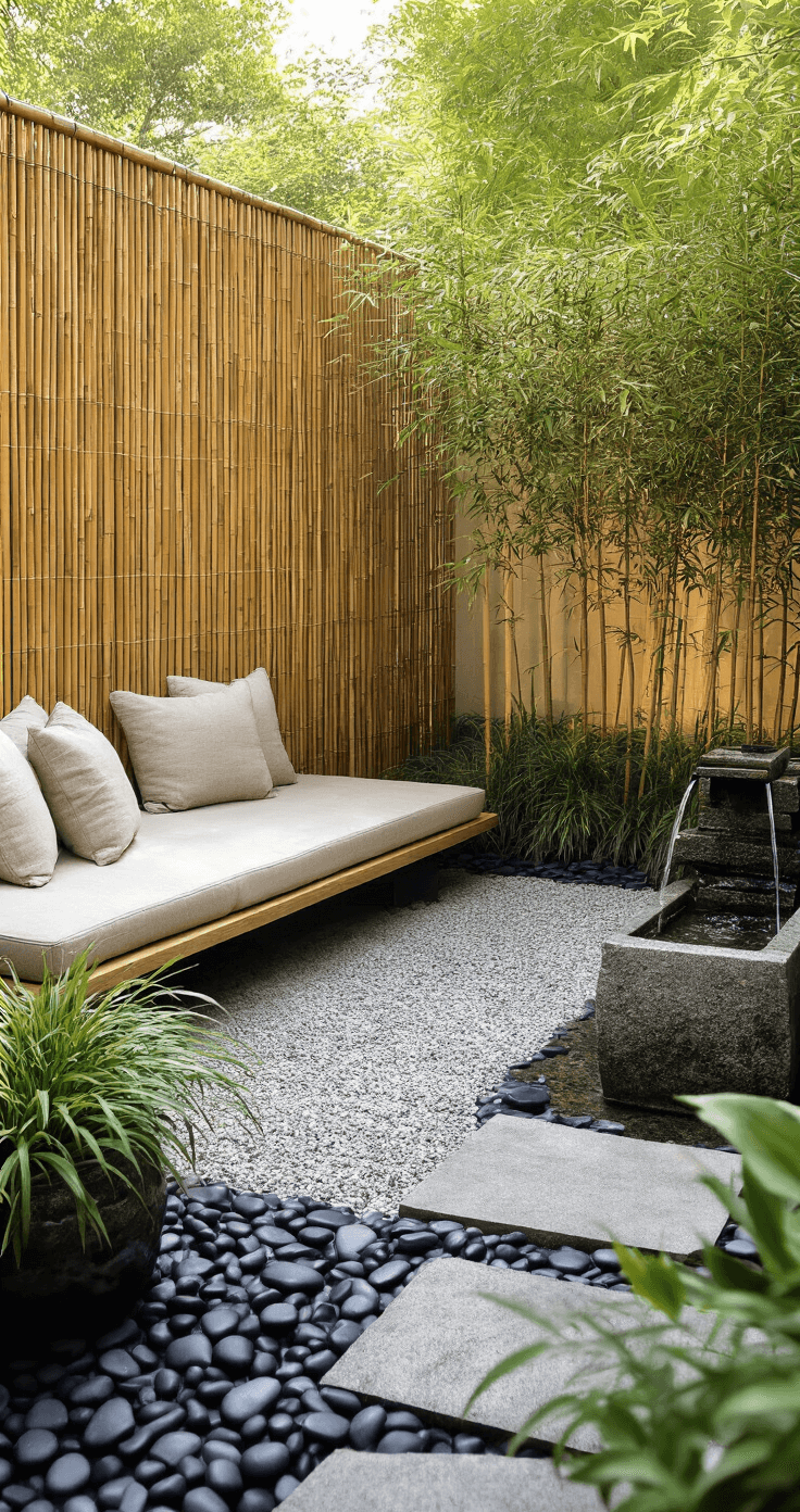 Zen garden corner of an 8x8ft patio featuring a bamboo privacy screen, low platform daybed with natural linen cushions, a stone fountain, potted bamboo, Japanese forest grass, and black river rocks, all captured in soft morning light to emphasize symmetry and clean lines.