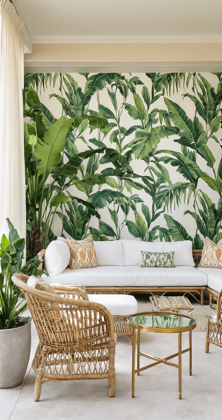 A vibrant covered patio featuring dramatic banana leaf wallpaper, a white modern sectional, vintage rattan chairs, oversized palm fronds in concrete planters, and brass accent tables, all bathed in bright natural light filtered through sheer curtains.