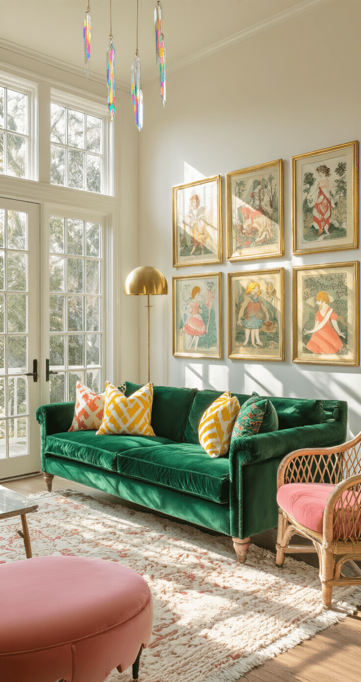 A cozy 14x16ft living room bathed in golden hour light, featuring an emerald green velvet sofa with coral and yellow geometric pillows, a mushroom-shaped brass floor lamp, a rattan accent chair with a scalloped pink ottoman, and vintage fairy tale illustrations in gold frames on the walls. The space is enhanced by layered Persian and shag rugs and crystal prisms creating rainbow reflections.