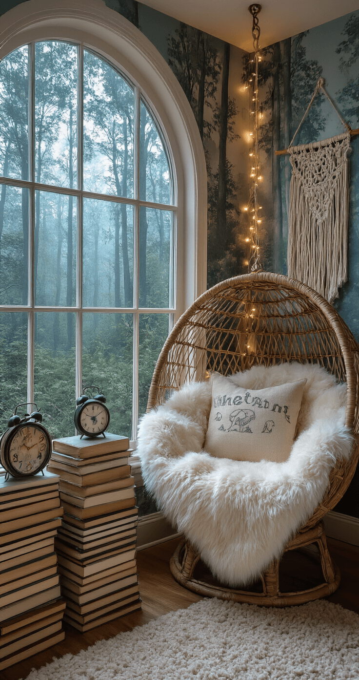 A cozy reading nook in a bedroom corner, featuring an oversized arched window with a forest mural, a hanging wicker egg chair with an ivory throw, a stack of vintage books serving as a side table with a whimsical clock, and twinkle lights in a macramé wall hanging, captured during blue hour.