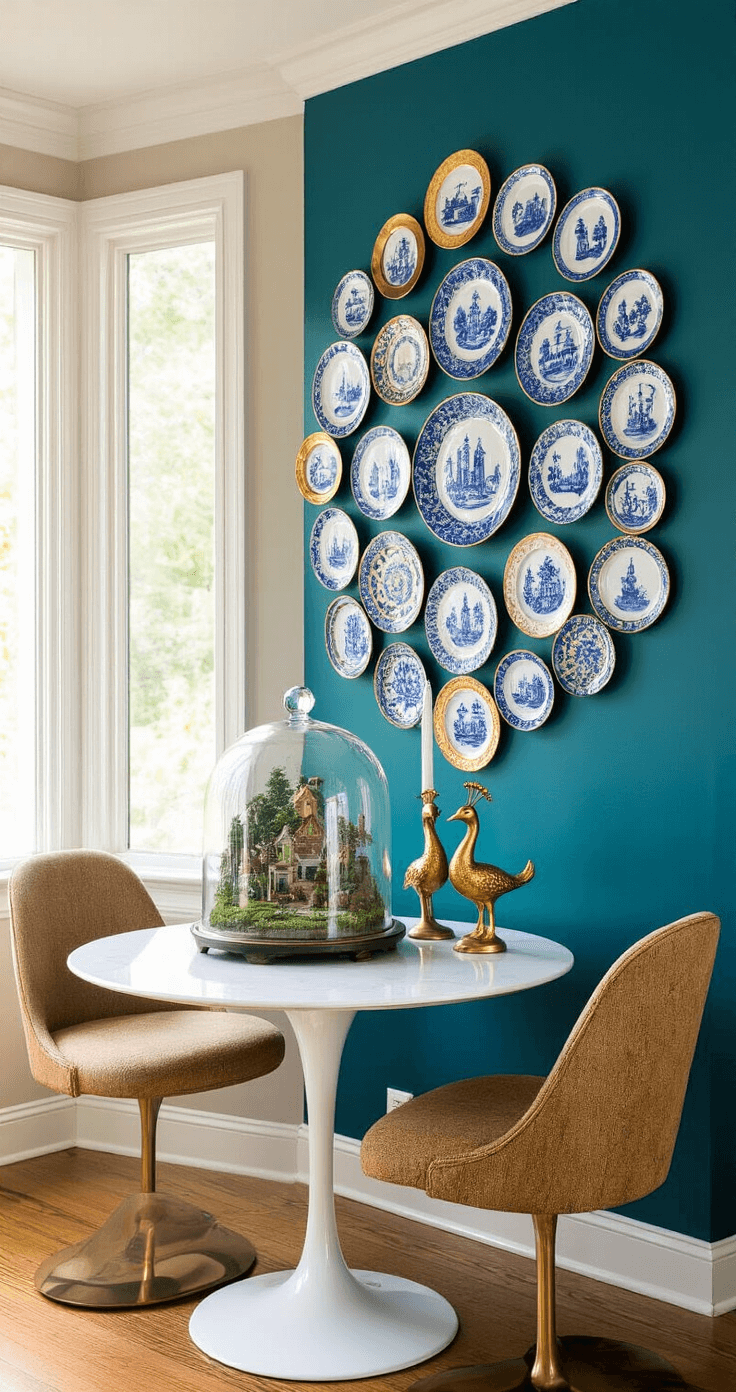 A cozy dining room vignette featuring a deep teal wall adorned with an eclectic spiral arrangement of blue and gold decorative plates. A mid-century modern tulip table holds a glass cloche displaying a miniature enchanted garden, flanked by brass peacock candlesticks, all illuminated by natural light.