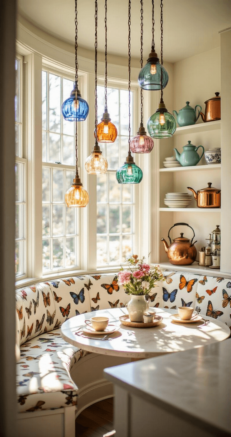 A cozy kitchen breakfast nook bathed in morning light, featuring a curved window seat with whimsical butterfly print upholstery, colorful glass pendant lights casting shadows, and open shelves adorned with vintage teapots and copper cookware, all viewed from an intimate perspective with a soft bokeh background.