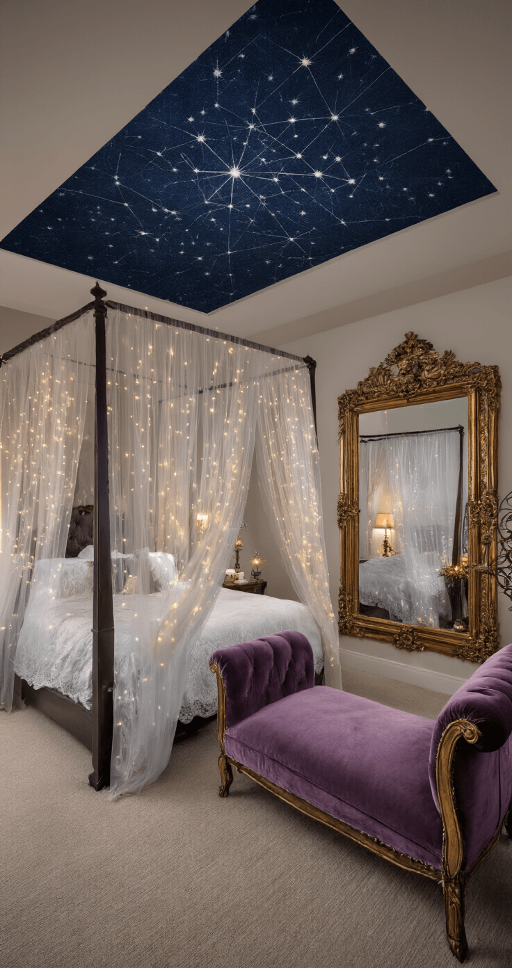 Master bedroom sanctuary at dusk featuring a vaulted ceiling with a constellation mural, a four-poster bed with tulle curtains and twinkle lights, an oversized gilt mirror reflecting candlelight, and a dusty purple velvet chaise under the window. Shot from an elevated angle to showcase the room's magical ambiance.