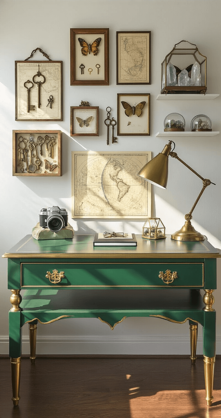 A cozy home office corner illuminated by afternoon light, featuring a gallery wall filled with vintage keys, antique maps, and butterfly specimens. An emerald green desk with brass accents and a geometric task lamp sits in front of floating shelves showcasing crystal collections and miniature terrariums, all captured from a desk-height perspective.