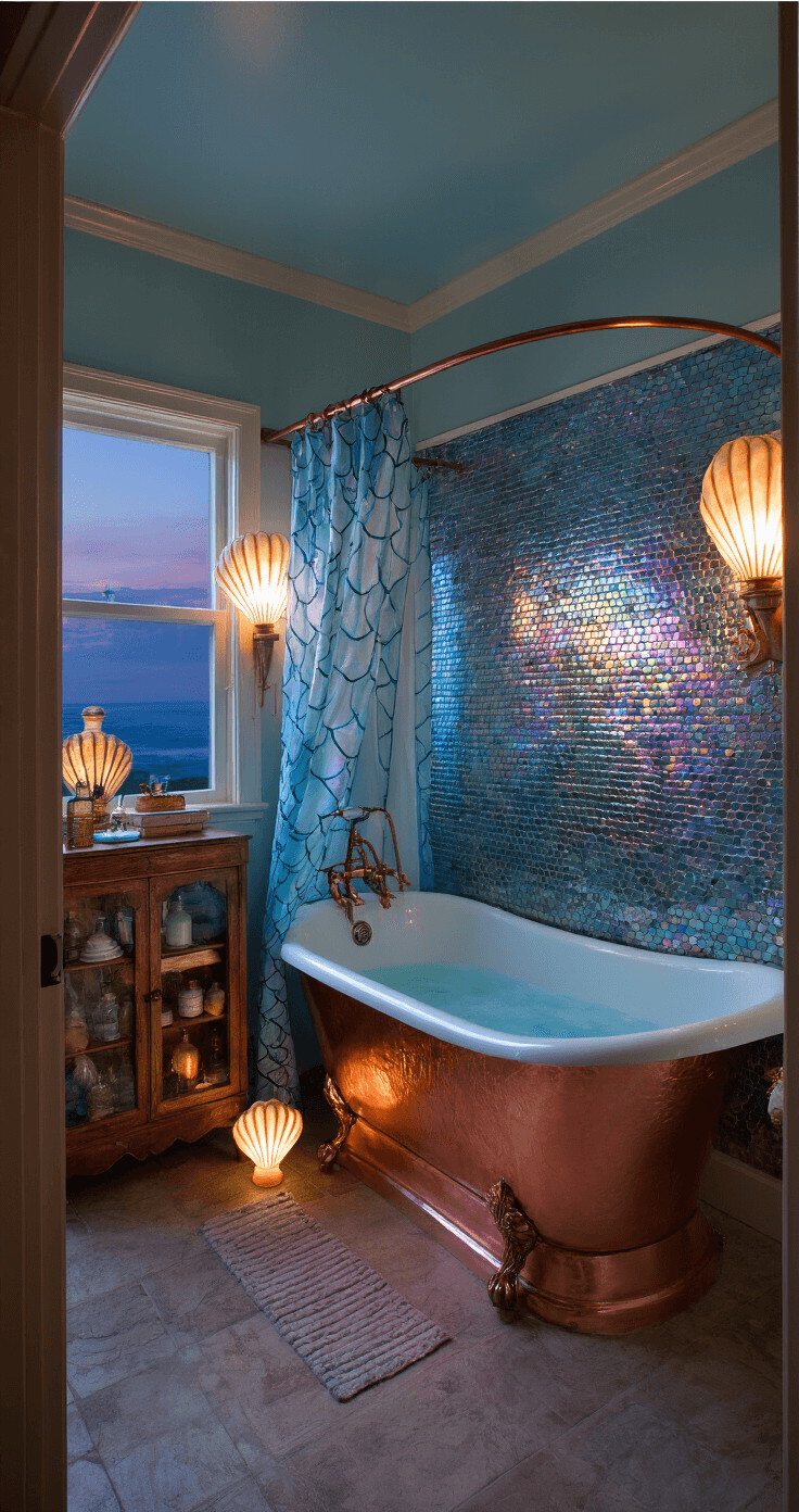 A twilight bathroom vignette featuring an 8x10ft space transformed into an underwater fantasy, with an iridescent tile backsplash, a copper clawfoot tub with a mermaid-scale shower curtain, a vintage apothecary cabinet filled with colored glass bottles, and shell-shaped sconces casting a warm glow, viewed through a doorway.