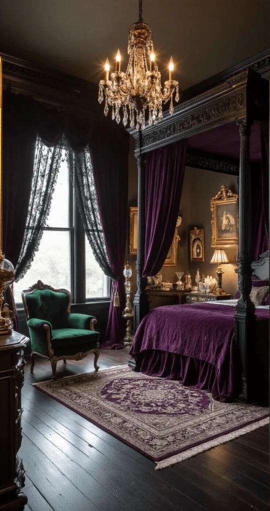 35+ Enchantingly Dark Gothic Bedroom Ideas That Will Transform Your Space! A spacious Victorian bedroom with a black iron four-poster bed draped in purple velvet curtains, illuminated by warm golden hour light filtering through black lace curtains, casting shadows on dark hardwood floors. An emerald green velvet armchair and ornate brass floor lamp complement the room, while a crystal chandelier enhances vintage brass mirrors and botanical prints. The bed features a burgundy brocade bedspread, black velvet pillows, and silver-threaded throws, alongside carved wooden side tables adorned with curiosities like crystal clusters and dried roses under glass domes.