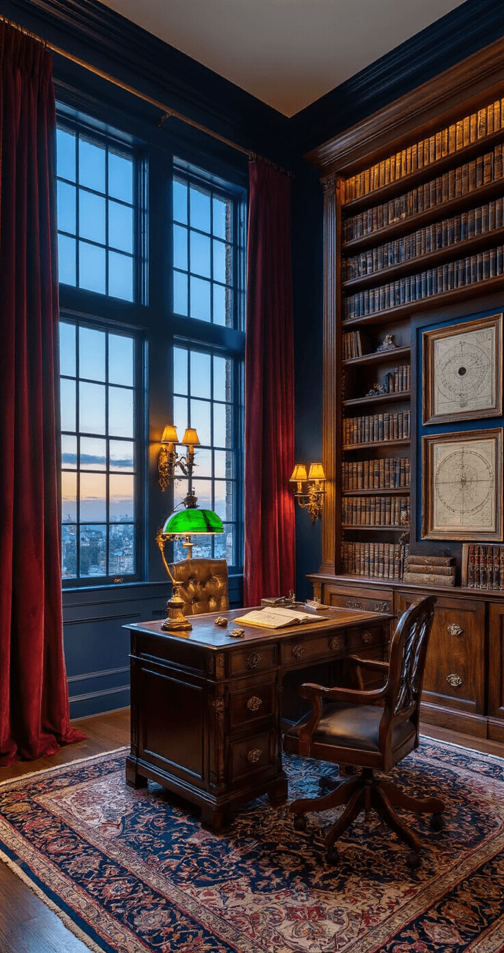 A cozy study at blue hour, showcasing a towering mahogany bookshelf filled with leather-bound books, illuminated by antique brass sconces. A Victorian writing desk with a green glass lamp and scattered crystals sits centrally, framed by heavy crimson velvet drapes. Ornate celestial maps adorn the walls, and a richly colored Persian rug anchors the space.