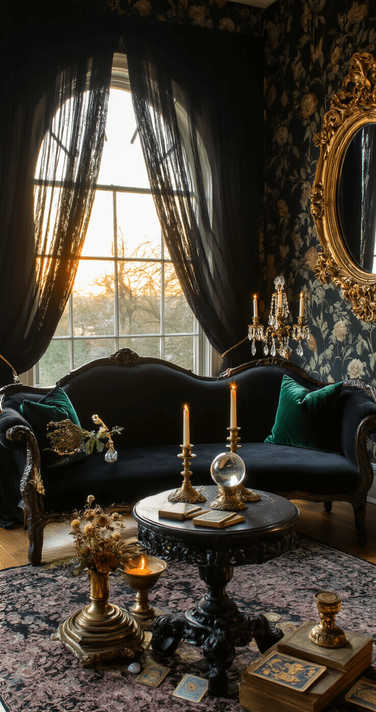 An intimate sunset-lit sitting room features a high-backed black velvet settee under an arched window with gossamer black curtains. An antique gold mirror reflects warm candlelight from candelabras, while dark floral wallpaper adds depth. A crystal ball on an ebony pedestal table catches light, surrounded by dried flowers in brass vases, vintage tarot cards, and astrological instruments, complemented by rich emerald green throw pillows. The scene is softly draped, emphasizing the golden light play through crystals.
