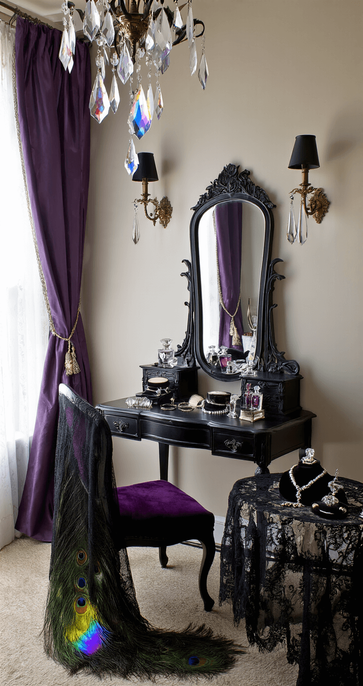 A gothic boudoir dressing area featuring a triple mirror, Victorian vanity with vintage perfume bottles, and jewelry displayed on antique velvet stands, all illuminated by morning light filtering through sheer purple drapes. The scene includes a dramatic peacock chair and crystal prisms casting rainbow reflections, creating a romantic atmosphere.