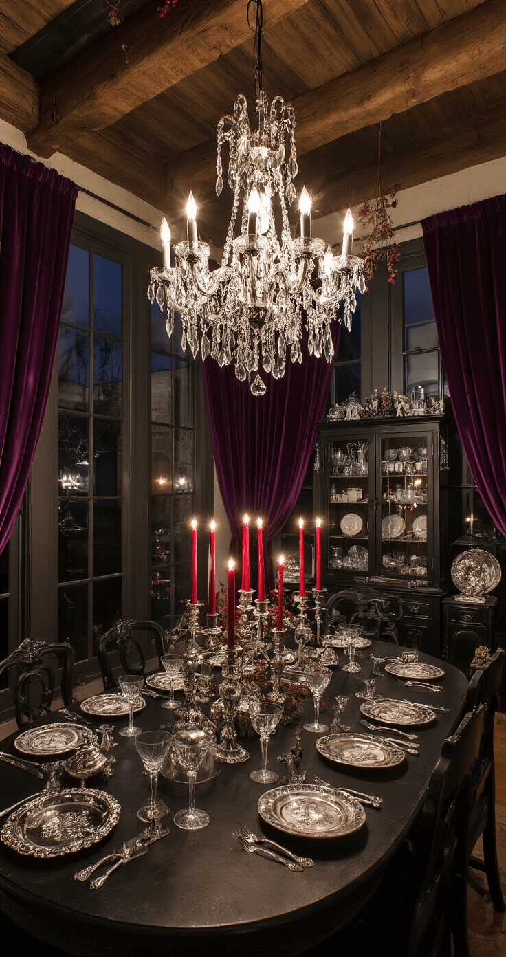 A mystical dining space at midnight featuring a massive black wood table under a wrought iron chandelier with crystals, surrounded by blood red candles in silver holders. A vintage apothecary cabinet displays curiosities, with heavy velvet curtains framing tall windows. A black china cabinet holds crystal goblets and silver serving pieces, while dried herbs and flowers hang from exposed beams. The scene is captured from a slightly elevated angle, showcasing the table and multiple light sources for depth.