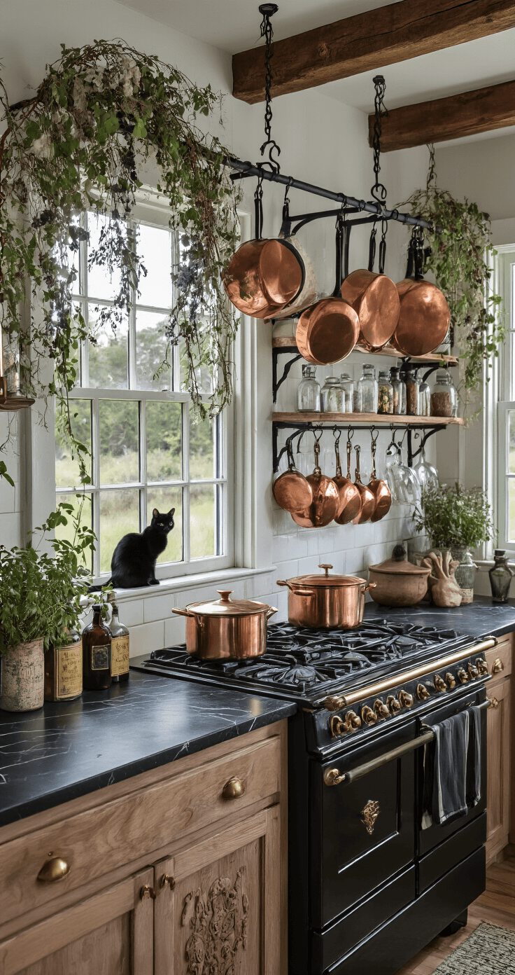 A witchy kitchen nook illuminated by storm lighting, featuring copper pots hanging from a black iron rack above a vintage stove. Open shelves display herb bundles, crystals, and antique glass bottles, while black marble countertops reflect bright flashes of lightning. Dried flowers and vines drape across exposed beams, and a carved wooden spice cabinet with brass hardware adds charm. A silhouette of a black cat in the window enhances the mysterious ambiance.