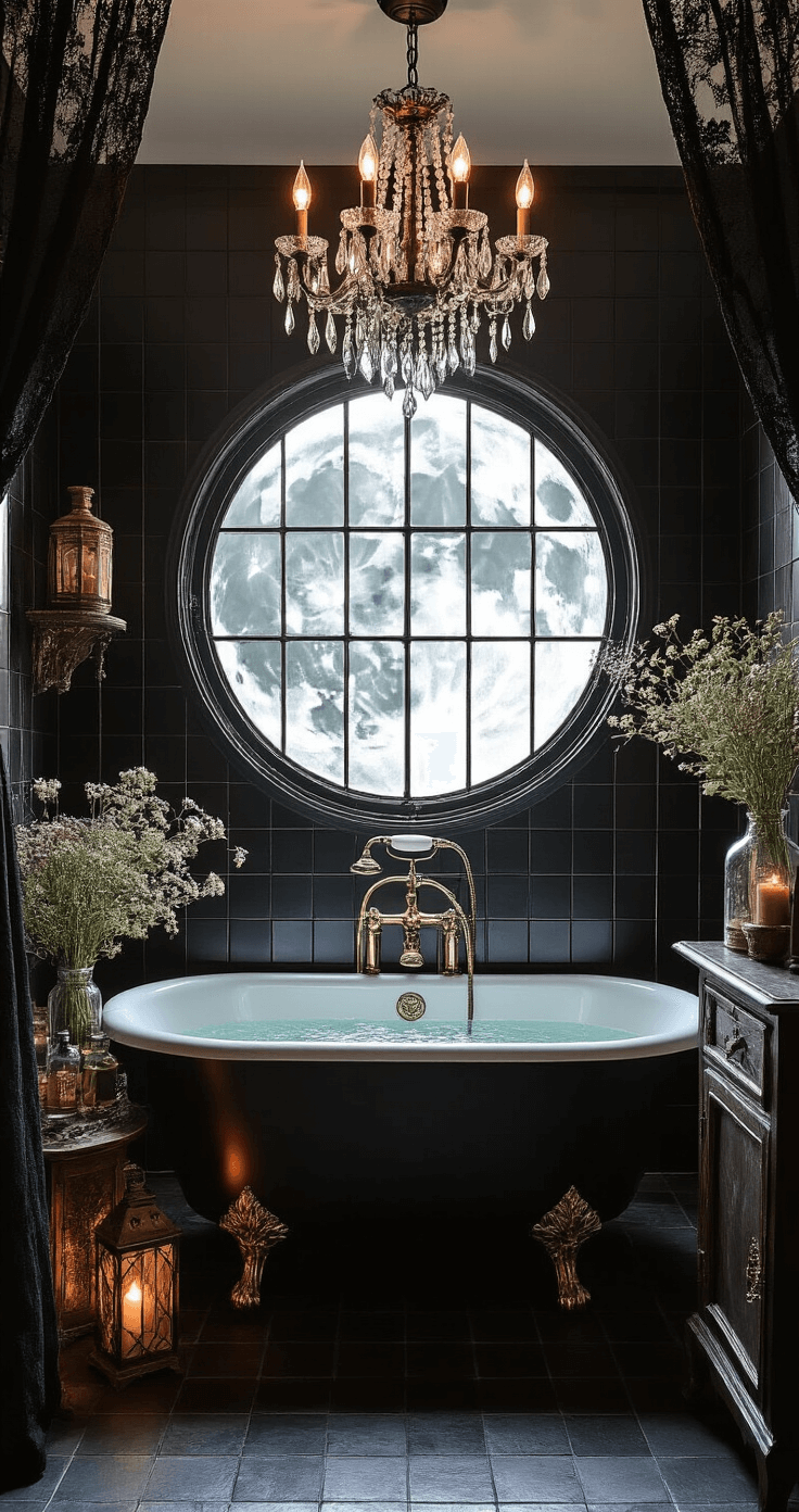 An enchanted bathroom featuring a clawfoot tub with a matte black exterior centered beneath a circular window, illuminated by prismatic light from a crystal chandelier. Dark tile walls, a vintage apothecary cabinet with potion-style bottles and dried flowers, and black lace curtain panels filter moonlight. Brass fixtures with a patina finish and Moroccan lanterns provide ambient lighting, while a gothic-arched mirror reflects the ethereal glow of moonlight and candlelight. The perspective is from the door frame, highlighting the tub as the focal point.