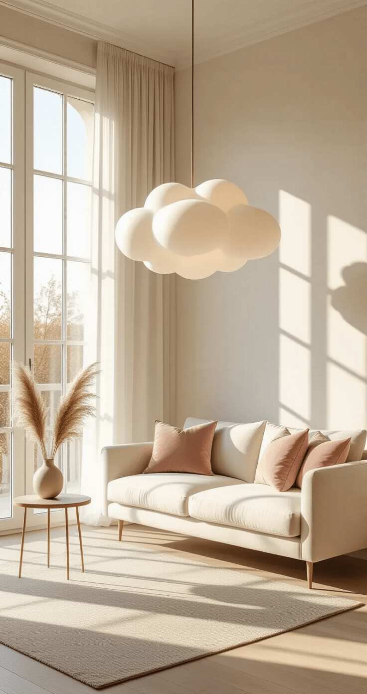 A bright living room featuring an ivory sofa with blush pink pillows, an oversized cloud-shaped pendant lamp, and light oak flooring, all bathed in golden hour sunlight from floor-to-ceiling windows.